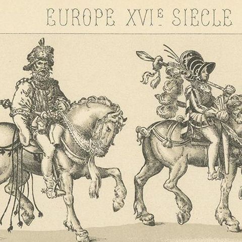 Pl 56 Antique Print of European 16th Century Battle Costumes by Racinet, close-up 1