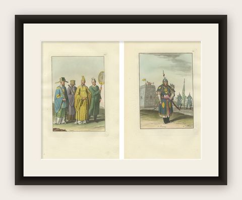 China Qing Court Officials & Armored Guard, Antique Hand-Colored Print Pair 1815, shown framed