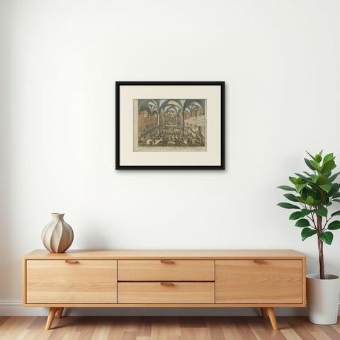 Perspective View of a Cannon Foundry, 18th-Century Hand-Colored Optical Print, shown framed on a wall