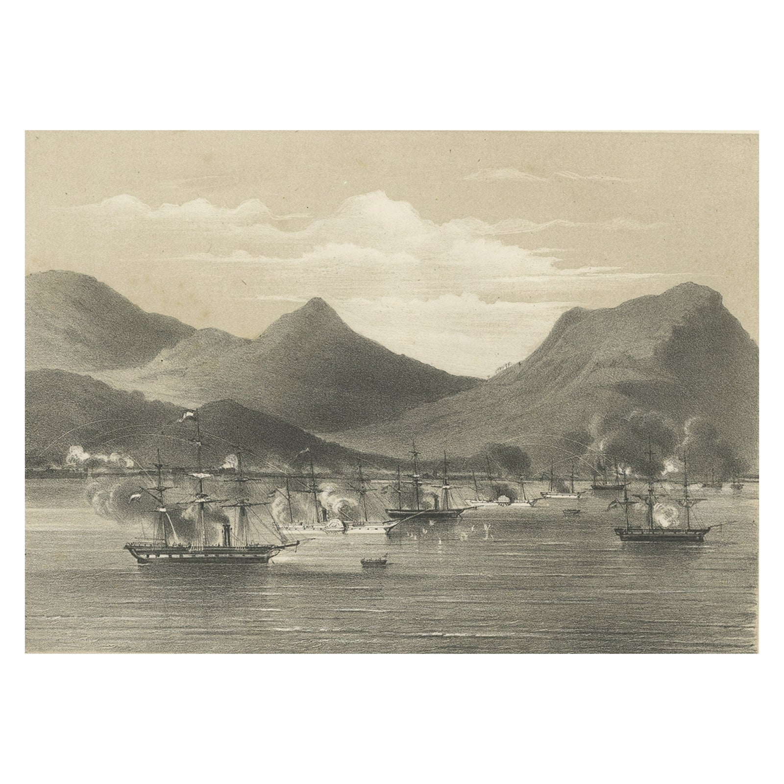 Old Military Scene of Dutch Ships Bombing Atchin in Sumatra, Indonesia, 1784