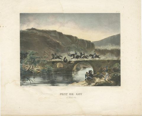 Pont de Coy: French Troops Crossing a Bridge in 1809- Napoleonic Wars Lithograph, view 2