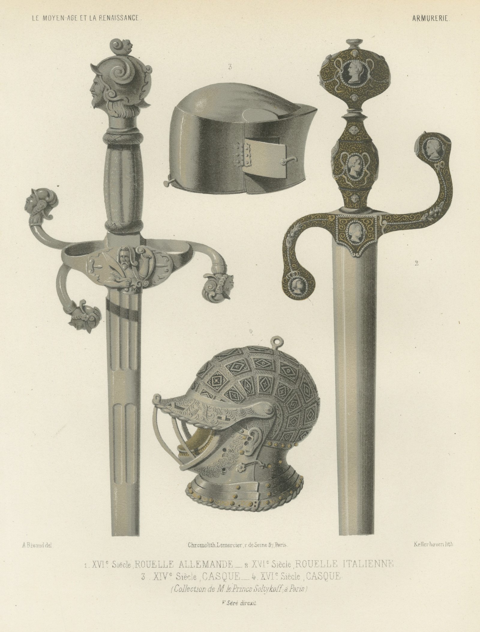 German and Italian Swords and Helmets, Antique Print, 1851