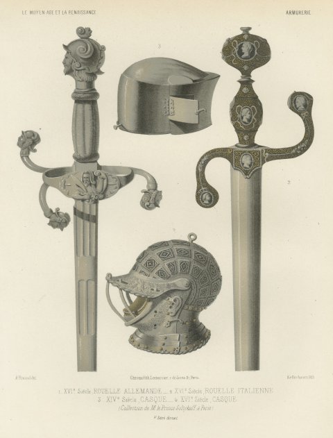 German and Italian Swords and Helmets, Antique Print, 1851