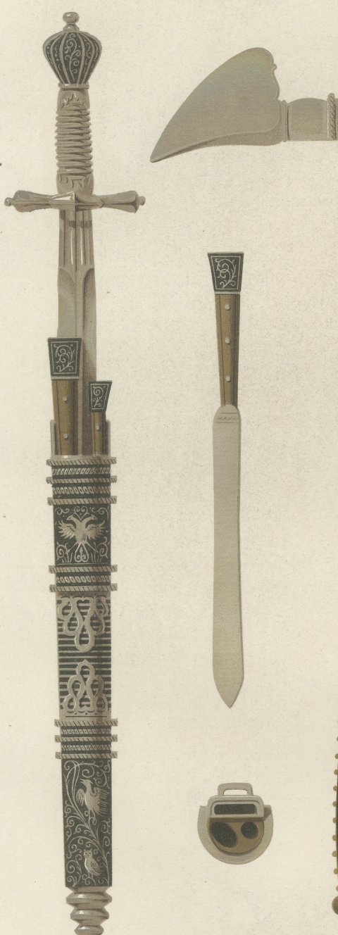 German Arms, War Hammer and Left Hand Daggers, Antique Print, 1851, close-up 1