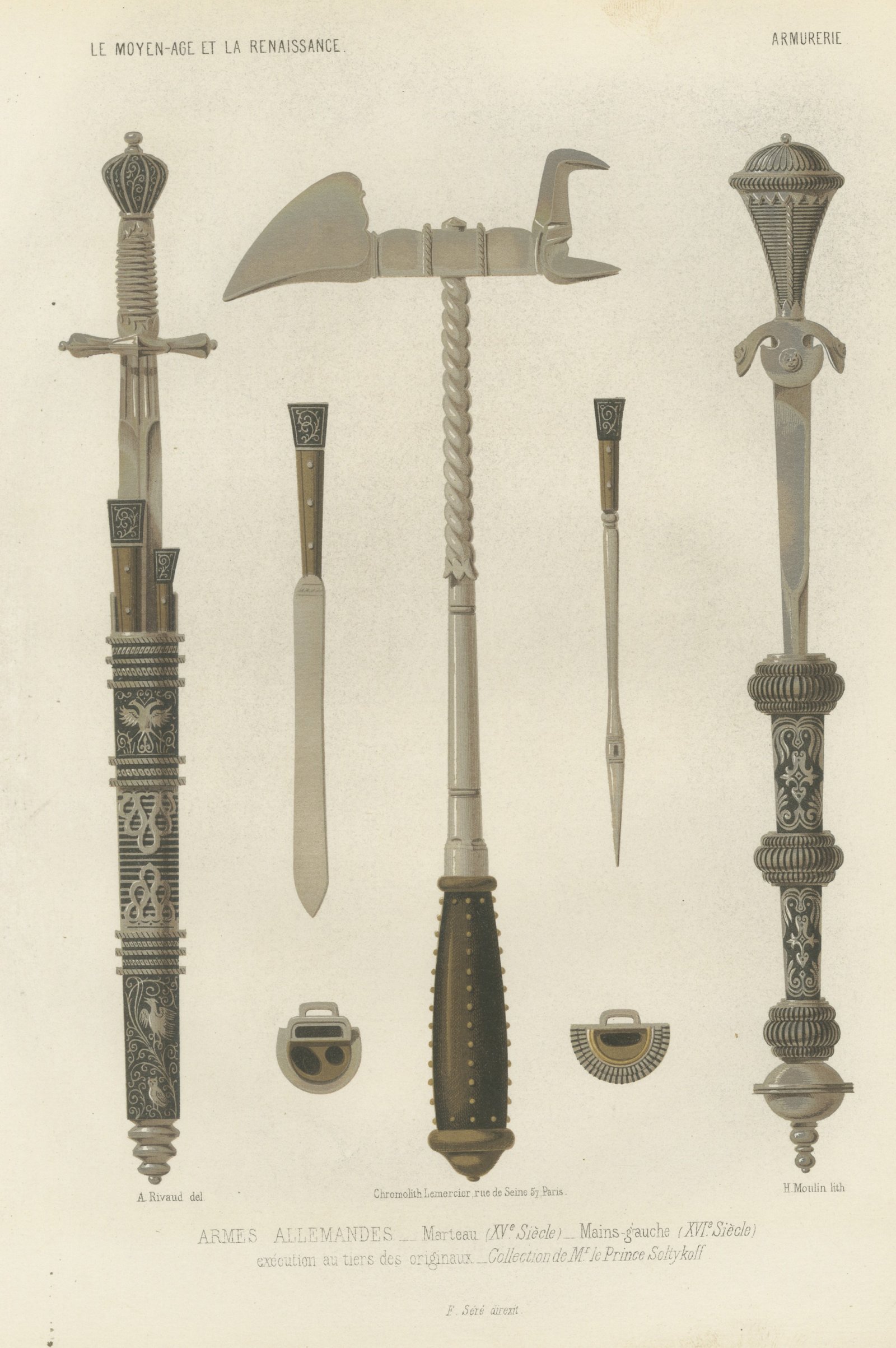 German Arms, War Hammer and Left Hand Daggers, Antique Print, 1851