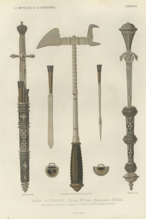 German Arms, War Hammer and Left Hand Daggers, Antique Print, 1851