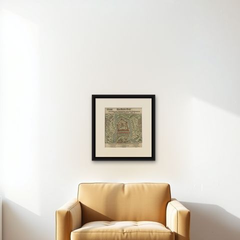Print of the Fortress Julaof Tokay, Hungary, Surrounded by Turkish Troops, c1580, shown framed on a wall