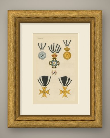 Hohenzollern, Princely House Order Insignia, Plate XLV, Wood Engraving, 1844, shown framed