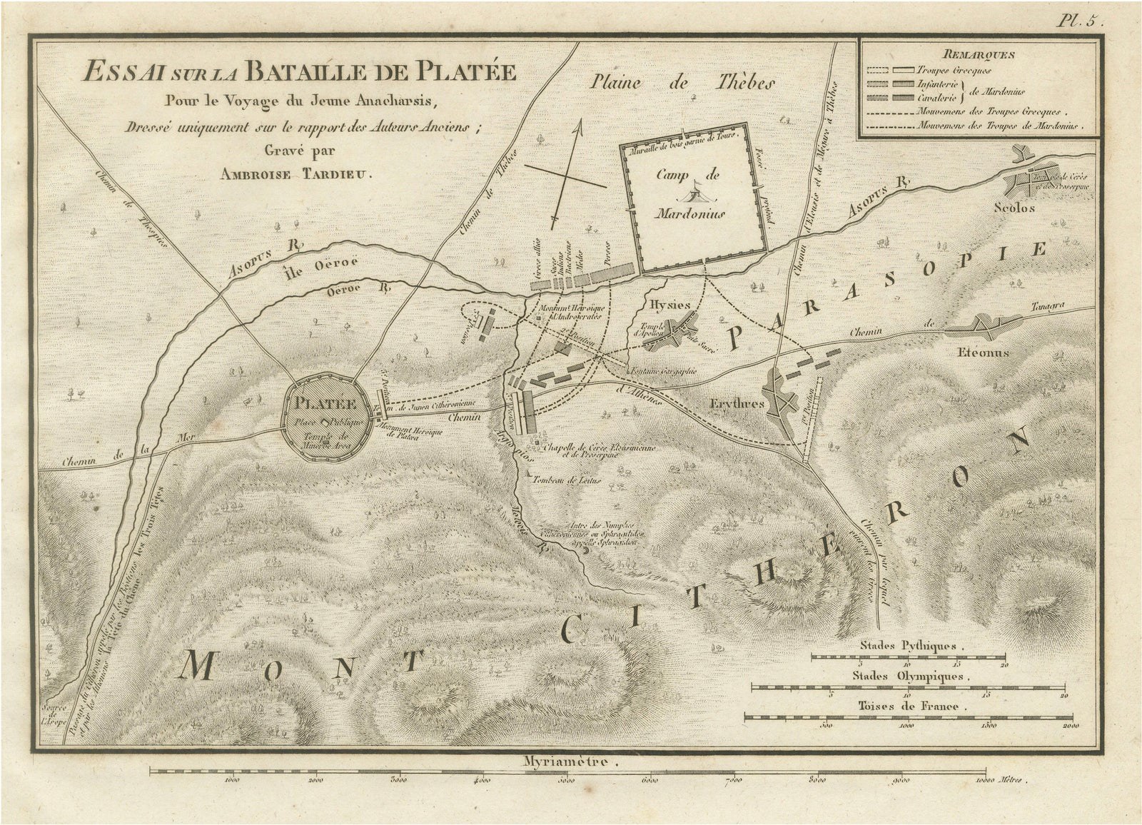Battle of Plataea Ancient Greece Military Map by Ambroise Tardieu, 1825