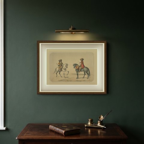 Spanish Cavalry Trooper and Mounted Drummer by Villegas, Clonard Album, 1861, shown framed on a wall