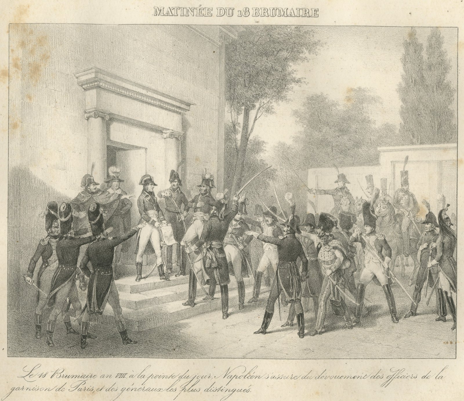 Morning of 18 Brumaire, the Paris Garrison, Antique Madou Lithograph, 1827