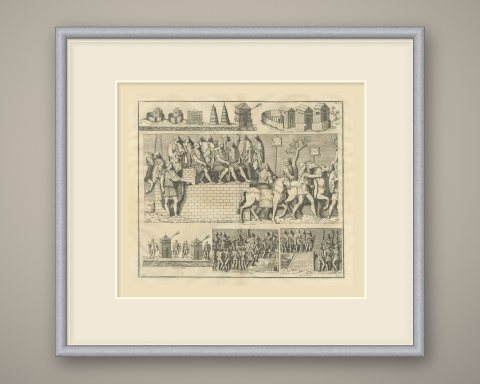 Roman Camp Towers, Huts and Officers on a Tribunal, Trajan's Column, 1722, shown framed
