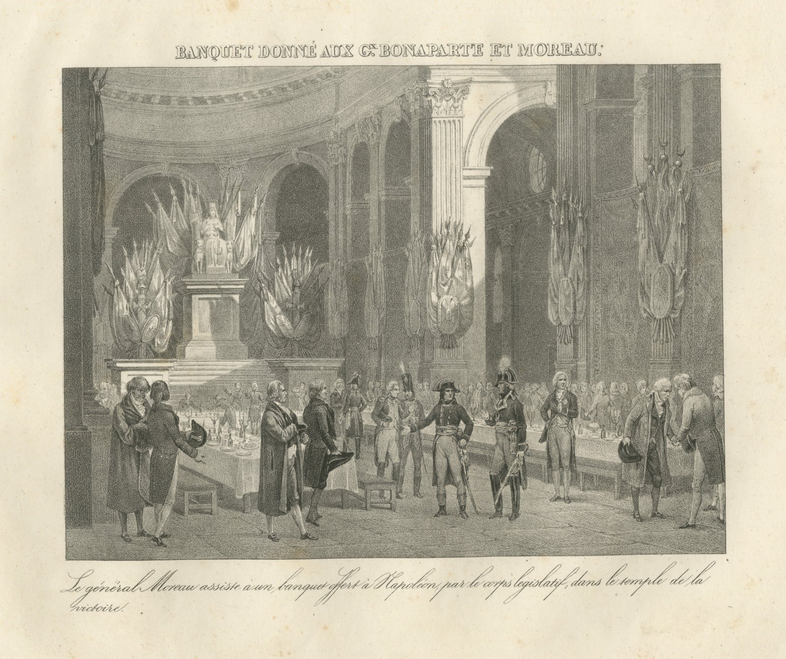 Banquet for Bonaparte and General Moreau, Antique Madou Lithograph, 1827