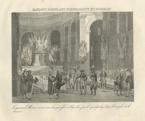 Banquet for Bonaparte and General Moreau, Antique Madou Lithograph, 1827