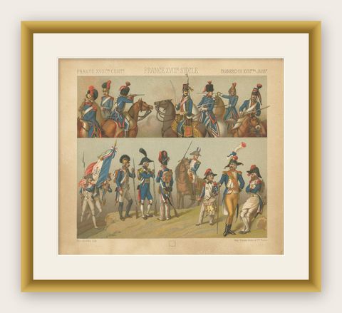 Pl. 129 Antique Print of French 18th Century Military Scenes by Racinet, shown framed