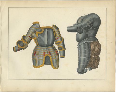 19th-Century Hand-Coloured Lithograph of Ornate Tournament and Plate Armor, view 2