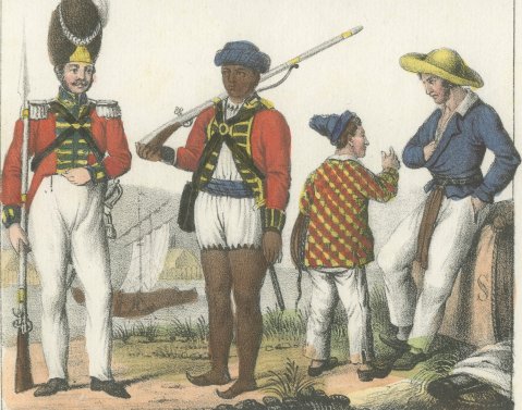 English Horsewoman, a Race, British and Indian Soldiers and Sailors, 1842, close-up 2