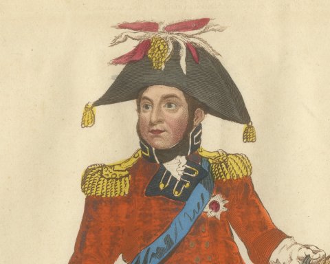 The Prince Regent on a Leopard Skin Saddlecloth with the Royal Standard, 1815, close-up 1