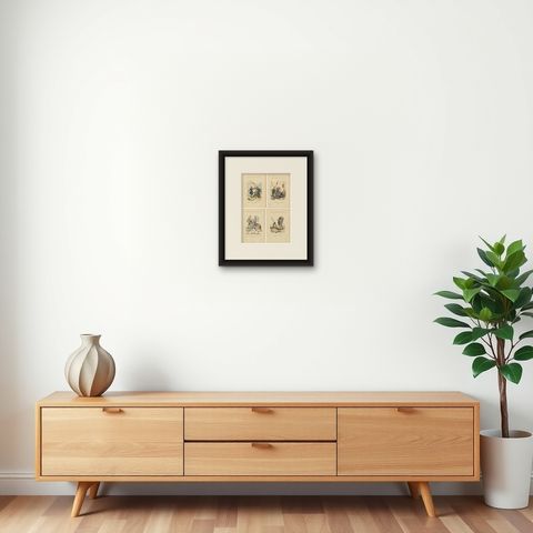Set of Four Antique French Medieval Military Costume Prints, circa 1860, shown framed on a wall