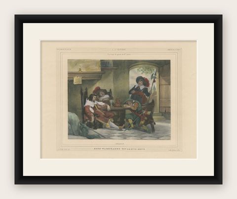 1835 Hand-Colored Lithograph: A 17th Century Guardroom, Soldiers at Rest, shown framed