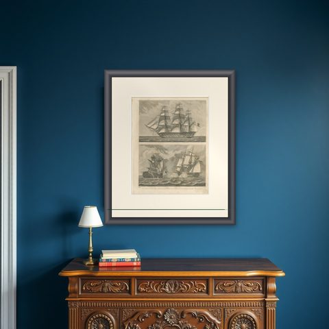 Antique Sea Battle Print Between an American and a British Ship, 1847, shown framed on a wall
