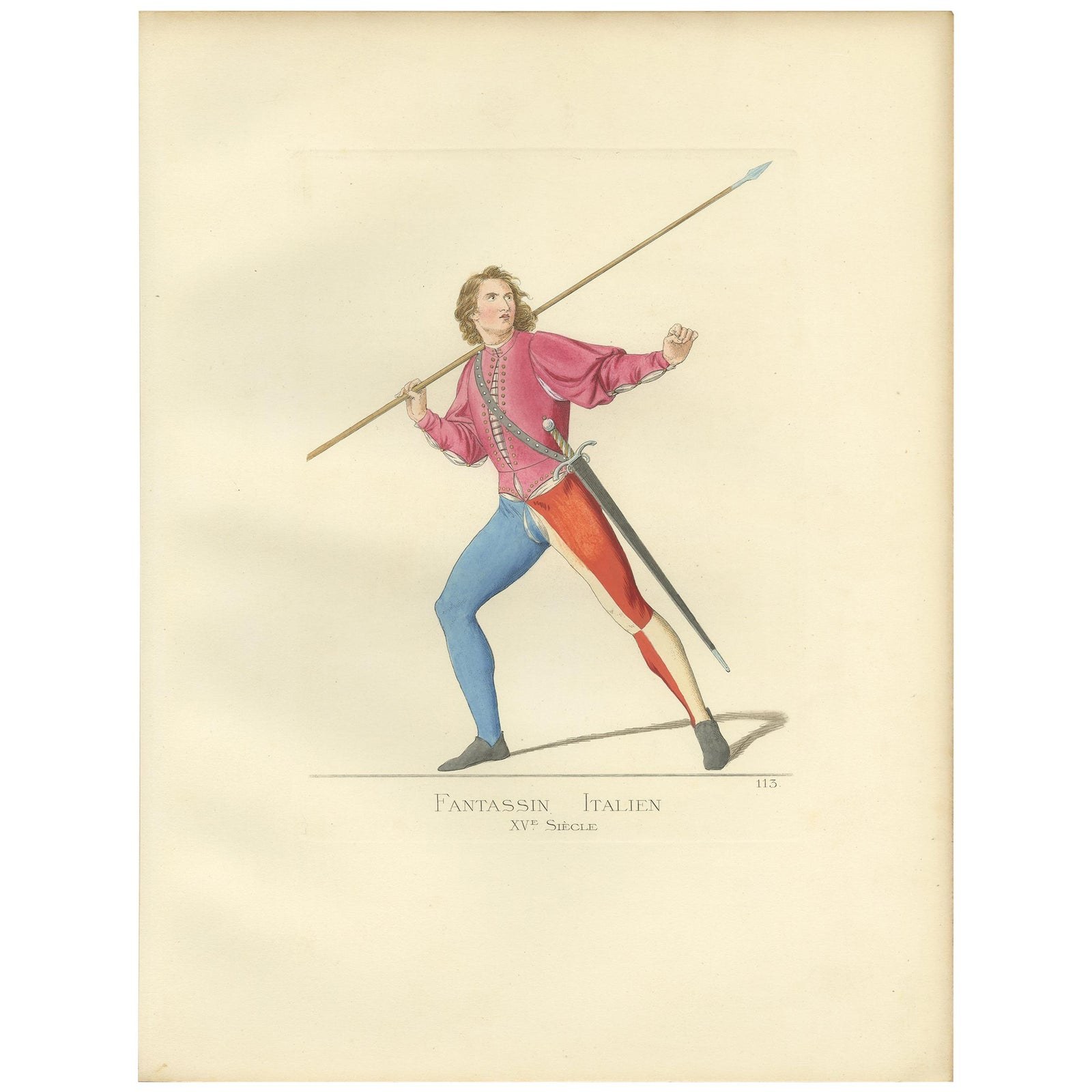 Antique Print of an Infantry Soldier, Italy, 15th Century, by Bonnard, 1860