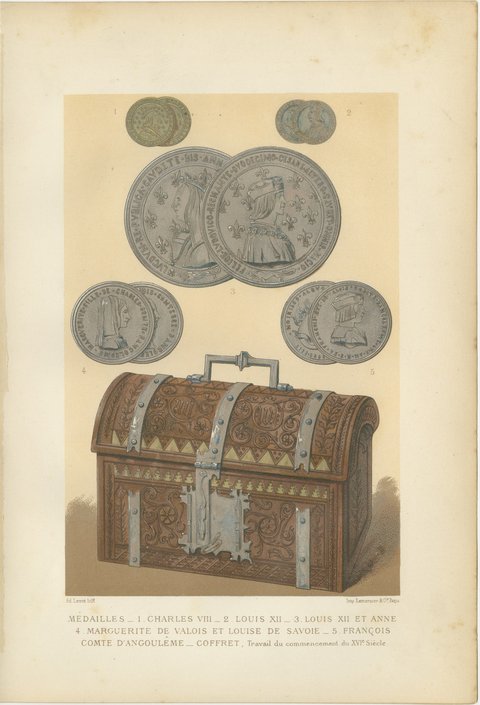 Renaissance Medals and Armor, Pair of Antique French Chromolithographs, 1882, view 4