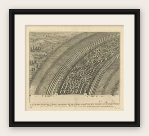 Antique Roman Battle Print of a Rampart and Ditches by Duncan, c.1753, shown framed
