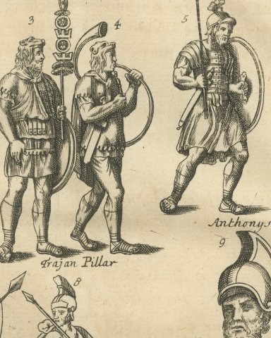 Roman Legionaries, Helmets and Gems from Trajan's Column, Montfaucon, 1722, close-up 1