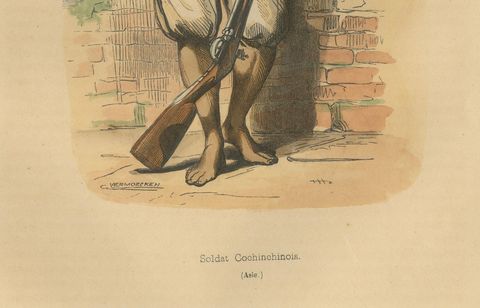 Striking 19th-Century Lithograph of a Cochin Soldier by Auguste Wahlen, close-up 2
