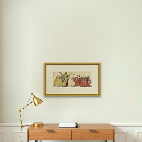 19th-Century Hand-Coloured Litho: Ornate Jousting Knights with Striking Heraldry, shown framed on a wall