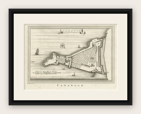 Antique Print of Cannanore Fort, Kerala, India, shown framed