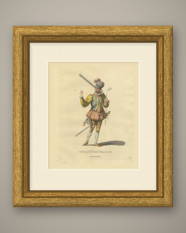 Dutch Soldier in 1588 with a Musket, Hand Colored Jefferys Costume Plate, 1757, shown framed