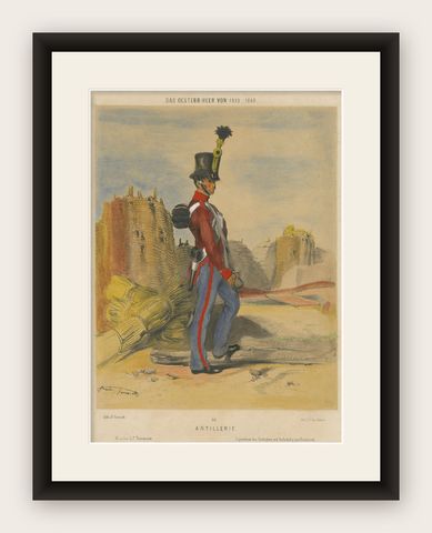 Austrian Artillery Soldier, 1835–1848, Hand-Coloured Lithograph, shown framed