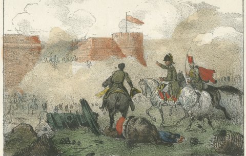 Ancient and Modern Assault on a City, Siege Tower and Battle, Lithograph, 1842, close-up 2