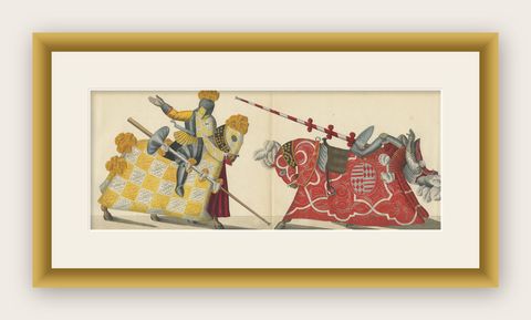19th-Century Hand-Coloured Litho: Ornate Jousting Knights with Striking Heraldry, shown framed