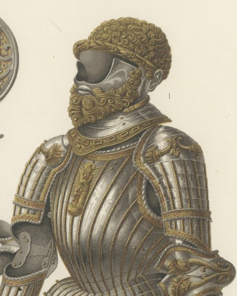 Armor of Charles the Fifth, Morion and Chanfron, Antique Print, 1851, close-up 1