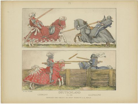 Antique German Jousting Knights Plate c.1500, Hand-Colored Print, Published 1880, view 2
