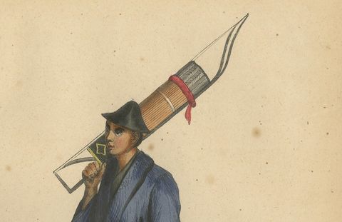 Japanese Soldiers Depicted in Hand-Colored Lithographs, Published in 1844, close-up 2