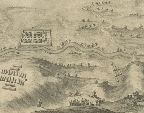 Antique Print of the Battle of Romans near the Sicoris or Segre in France, 1753, close-up 1