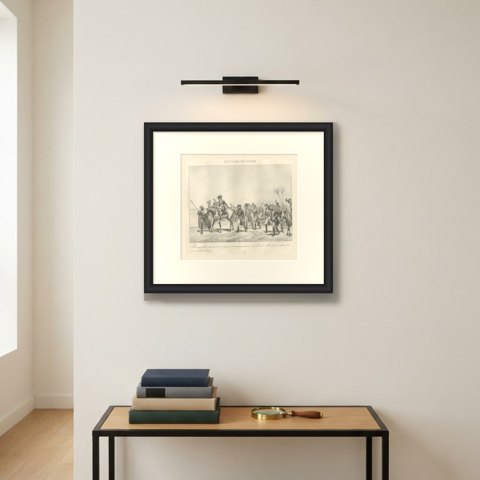 Entry into Syria, Bonaparte Gives Up His Horse, Antique Madou Lithograph, 1827, shown framed on a wall