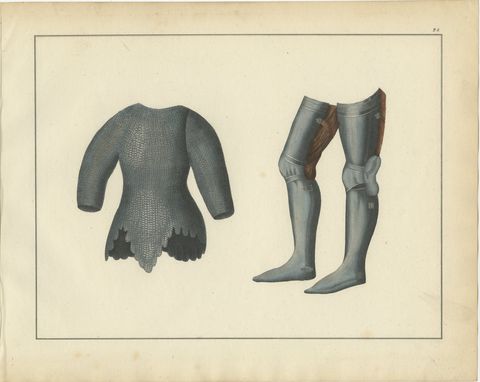 19th-Century Hand-Coloured Lithograph of Chainmail Hauberk and Plate Leg Armor, view 2