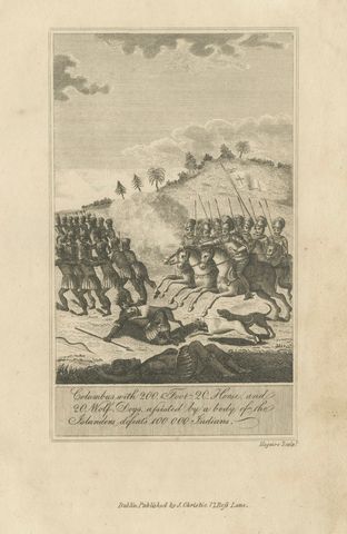 Christopher Columbus Battle in Hispaniola, Antique Engraving, Dublin c.1815, close-up 1