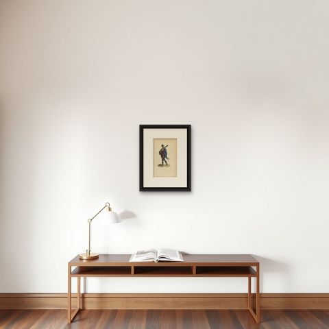 Antique Print of a Japanese Soldier Carrying a Weapon by Wahlen, 1843, shown framed on a wall