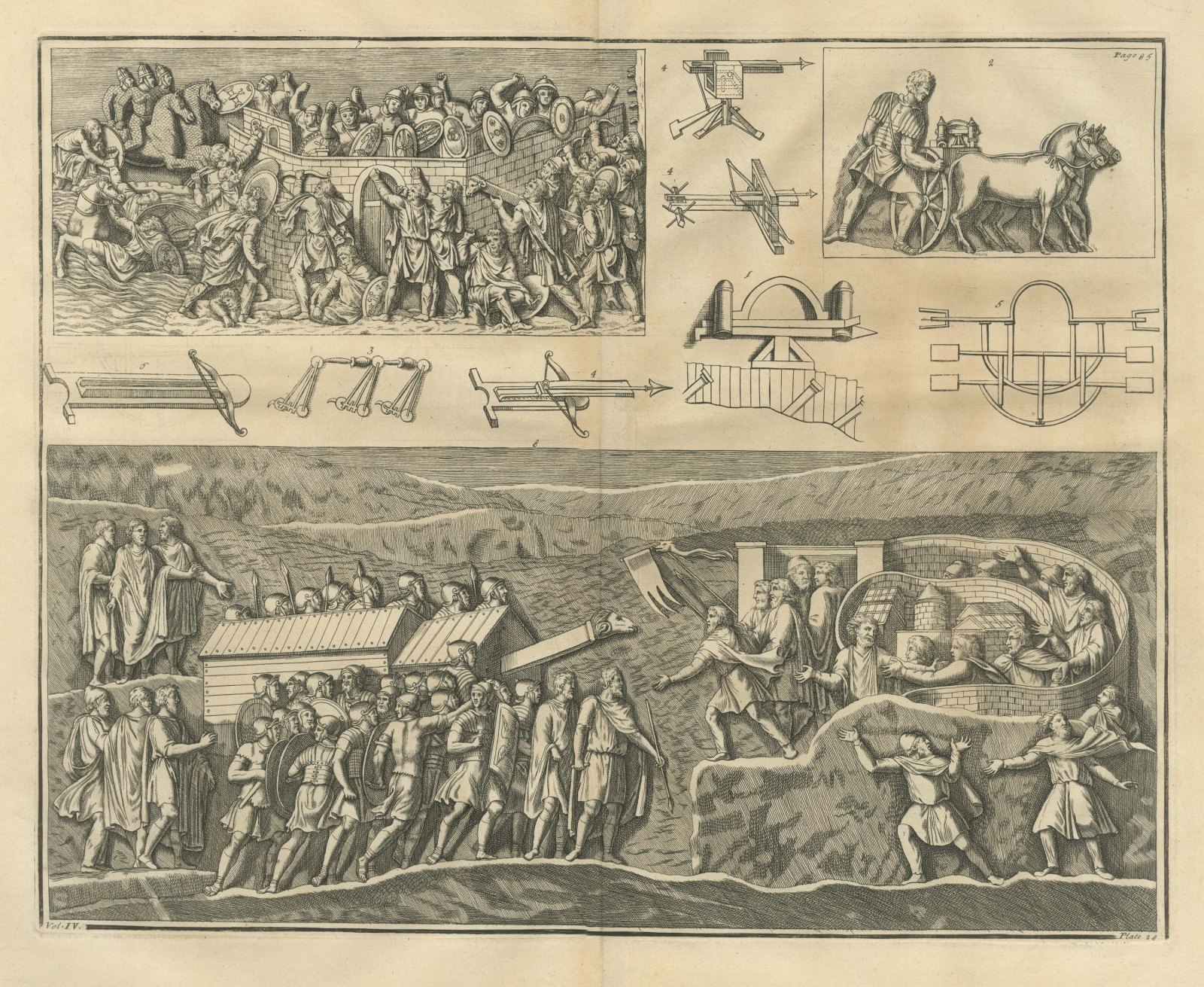 Roman Bolt Engines and a Ram Under a Shed, Montfaucon Siege Plate, 1722