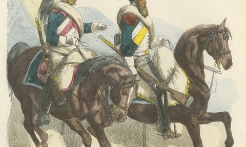 Napoleonic Dragoons and Dragoon Sapper, French Cavalry, Published 1843, close-up 2