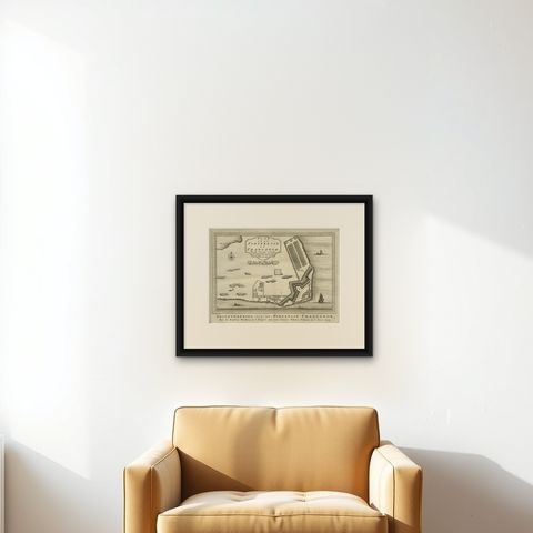 Antique Print of the Fortress Cranganor near Kodungallur in India, 1757, shown framed on a wall