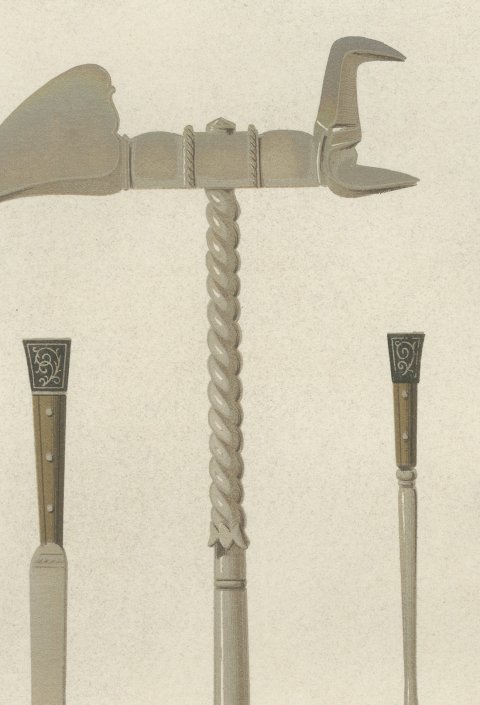German Arms, War Hammer and Left Hand Daggers, Antique Print, 1851, close-up 2