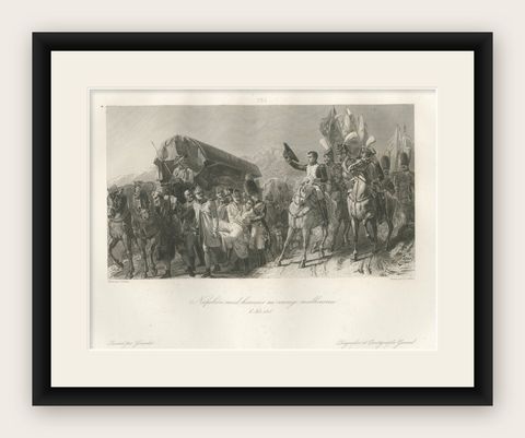 Napoleon Honors the Wounded Soldier, Antique French Engraving, circa 1840, shown framed