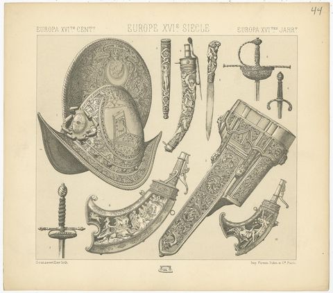 Pl 44 Antique Print of European 16th Century Armor and Weapons by Racinet, view 2